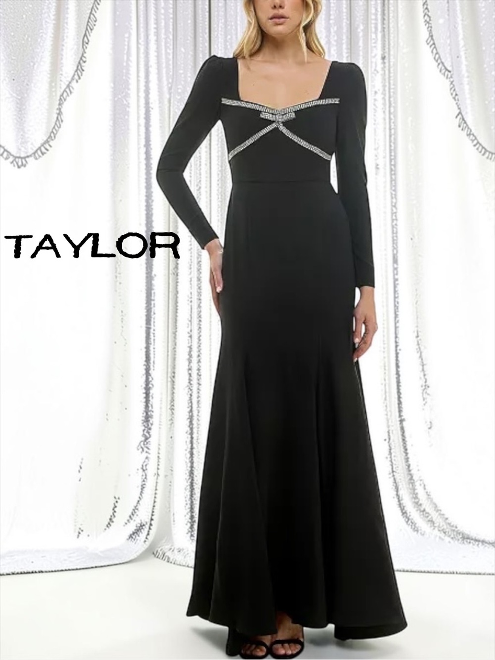 NWT Taylor Rhinestone Bow Crystal Trim Long Sleeve Gown Black Size 4 or 6